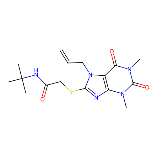 N-tert-butyl-2-(1,3-dimethyl-2,6-dioxo-7-prop-2-enylpurin-8-yl)sulfanylacetamide structure