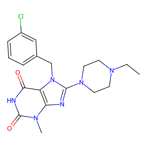 7-(3-chlorobenzyl)-8-(4-ethylpiperazin-1-yl)-3-methyl-1H-purine-2,6(3H,7H)-dione structure