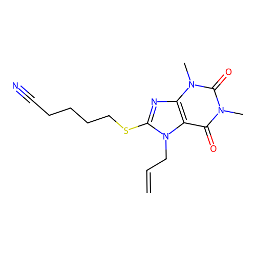 5-(1,3-Dimethyl-2,6-dioxo-7-prop-2-enylpurin-8-yl)sulfanylpentanenitrile structure