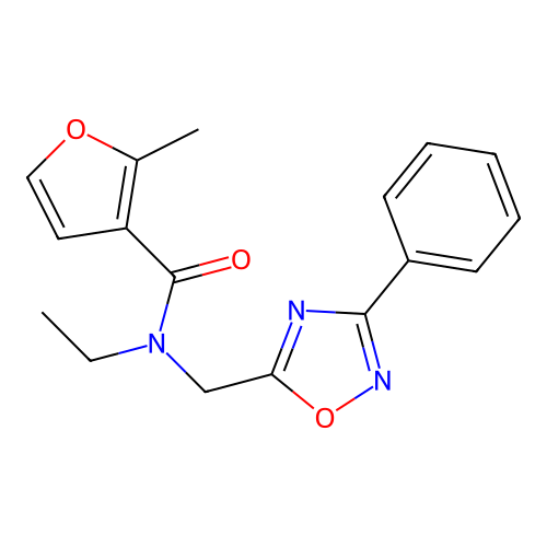 N-ethyl-2-methyl-N-[(3-phenyl-1,2,4-oxadiazol-5-yl)methyl]furan-3-carboxamide structure