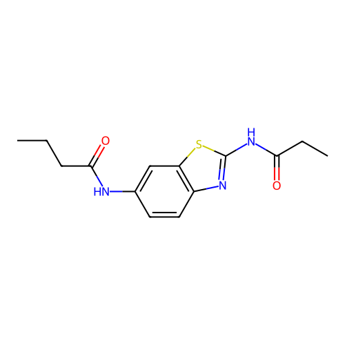 N-[2-(propanoylamino)-1,3-benzothiazol-6-yl]butanamide structure