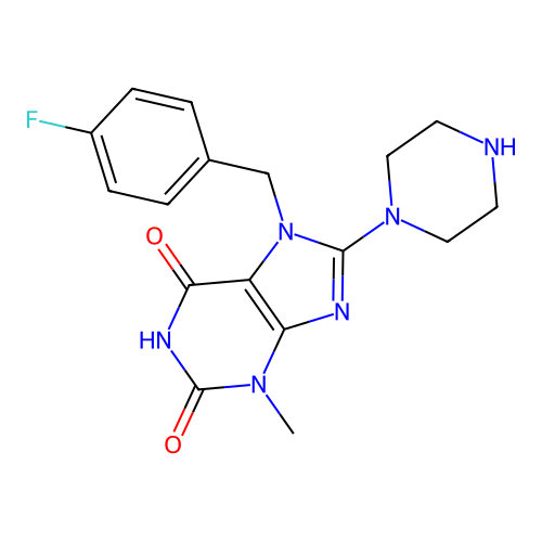 7-(4-fluorobenzyl)-3-methyl-8-(piperazin-1-yl)-1H-purine-2,6(3H,7H)-dione structure