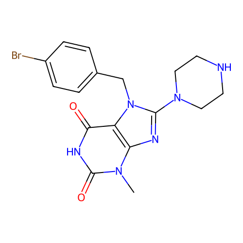 7-[(4-Bromophenyl)methyl]-3-methyl-8-piperazin-1-ylpurine-2,6-dione structure