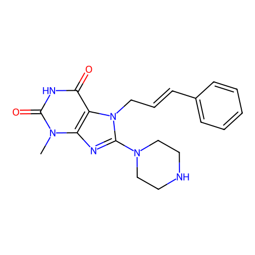 7-cinnamyl-3-methyl-8-(piperazin-1-yl)-1H-purine-2,6(3H,7H)-dione structure