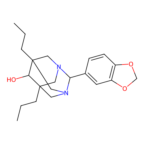 (1r,5R,7S)-2-(benzo[d][1,3]dioxol-5-yl)-5,7-dipropyl-1,3-diazaadamantan-6-ol structure