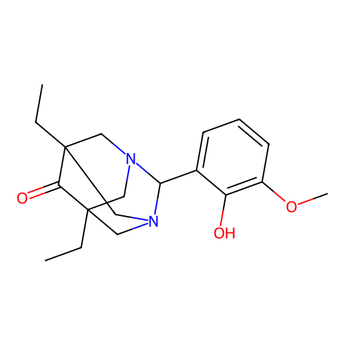 (1r,5R,7S)-5,7-diethyl-2-(2-hydroxy-3-methoxyphenyl)-1,3-diazaadamantan-6-one structure