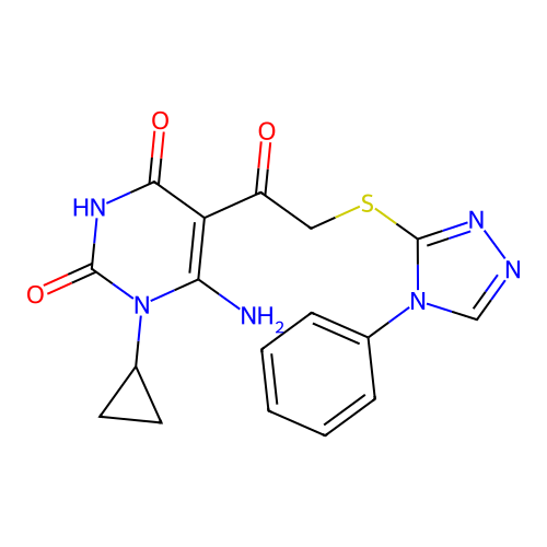 6-amino-1-cyclopropyl-5-[2-[(4-phenyl-1,2,4-triazol-3-yl)sulfanyl]acetyl]pyrimidine-2,4-dione structure