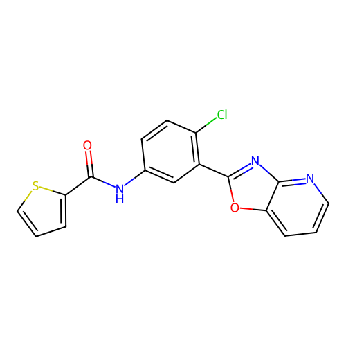 N-[4-chloro-3-([1,3]oxazolo[4,5-b]pyridin-2-yl)phenyl]thiophene-2-carboxamide structure