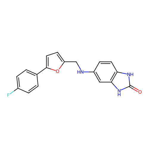 5-({[5-(4-fluorophenyl)-2-furyl]methyl}amino)-1,3-dihydro-2H-benzimidazol-2-one structure