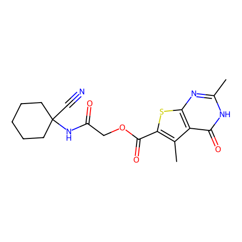[(1-cyanocyclohexyl)carbamoyl]methyl 2,5-dimethyl-4-oxo-3H,4H-thieno[2,3-d]pyrimidine-6-carboxylate structure