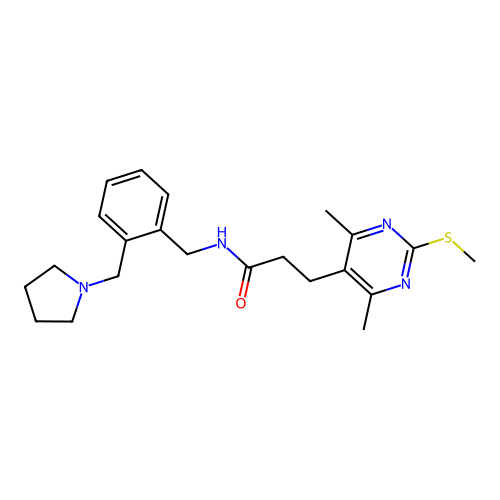 3-(4,6-dimethyl-2-methylsulfanylpyrimidin-5-yl)-N-[[2-(pyrrolidin-1-ylmethyl)phenyl]methyl]propanamide structure