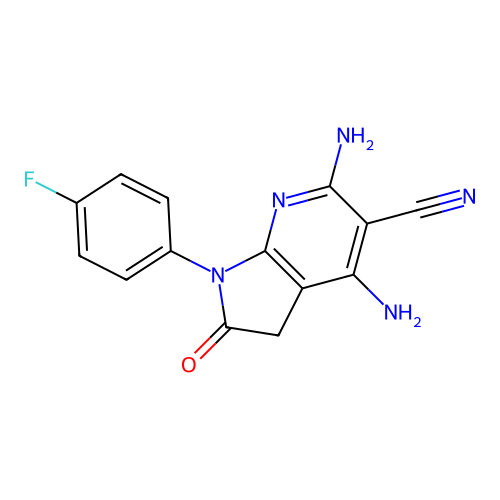 4,6-diamino-1-(4-fluorophenyl)-2-oxo-1H,2H,3H-pyrrolo[2,3-b]pyridine-5-carbonitrile structure