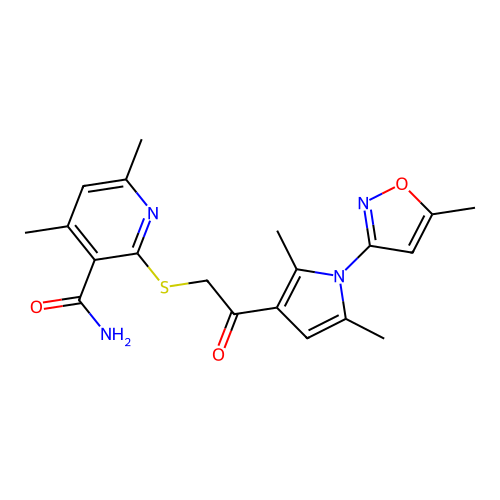 2-[2-[2,5-dimethyl-1-(5-methyl-1,2-oxazol-3-yl)pyrrol-3-yl]-2-oxoethyl]sulfanyl-4,6-dimethylpyridine-3-carboxamide structure