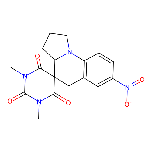 1,3-dimethyl-7'-nitro-1',2',3',3a'-tetrahydro-2H,5'H-spiro[pyrimidine-5,4'-pyrrolo[1,2-a]quinoline]-2,4,6(1H,3H)-trione structure