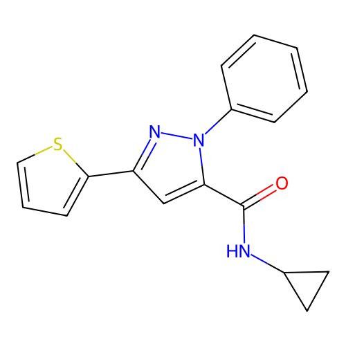 N-cyclopropyl-1-phenyl-3-(thiophen-2-yl)-1H-pyrazole-5-carboxamide structure