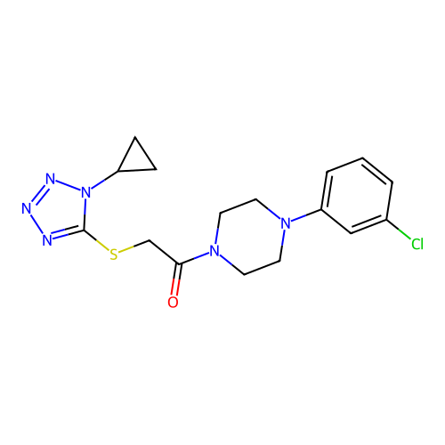 1-[4-(3-chlorophenyl)piperazin-1-yl]-2-(1-cyclopropyltetrazol-5-yl)sulfanylethanone structure