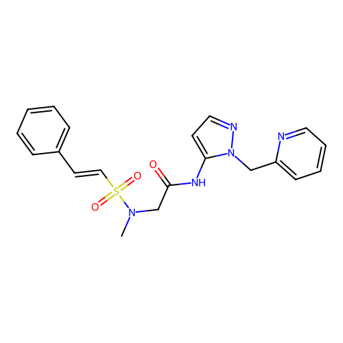 2-(N-methyl-2-phenylethenesulfonamido)-N-{1-[(pyridin-2-yl)methyl]-1H-pyrazol-5-yl}acetamide structure