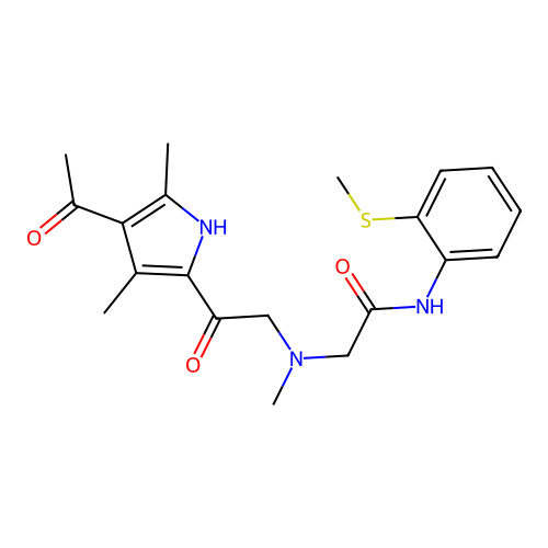2-[[2-(4-acetyl-3,5-dimethyl-1H-pyrrol-2-yl)-2-oxoethyl]-methylamino]-N-(2-methylsulfanylphenyl)acetamide structure