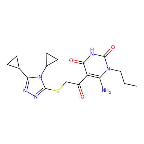 6-amino-5-[2-[(4,5-dicyclopropyl-1,2,4-triazol-3-yl)sulfanyl]acetyl]-1-propylpyrimidine-2,4-dione structure