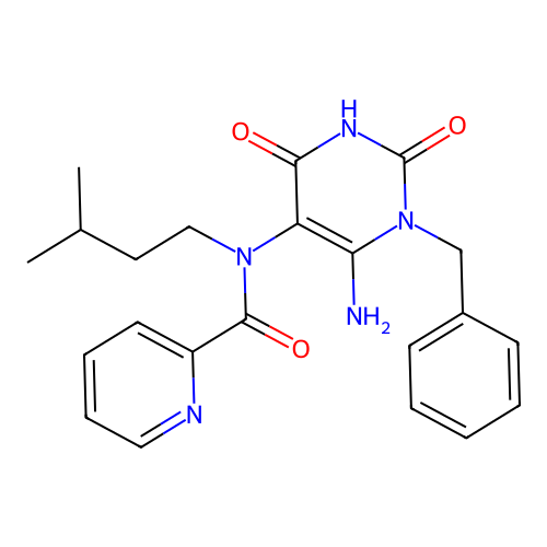 N-(6-amino-1-benzyl-2,4-dioxopyrimidin-5-yl)-N-(3-methylbutyl)pyridine-2-carboxamide structure