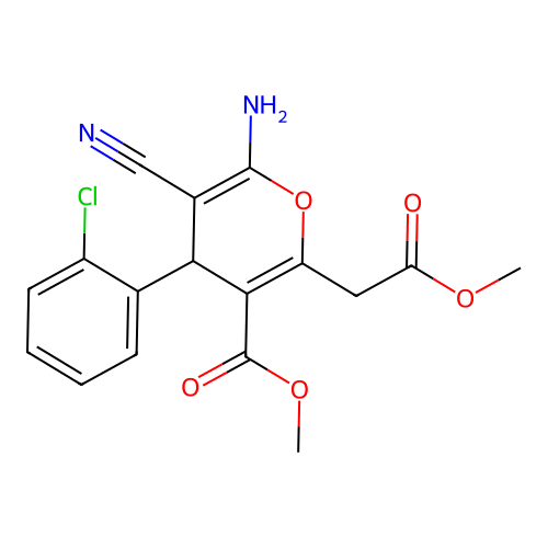 methyl 6-amino-4-(2-chlorophenyl)-5-cyano-2-(2-methoxy-2-oxoethyl)-4H-pyran-3-carboxylate structure