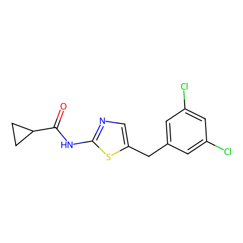 N-[5-(3,5-dichlorobenzyl)-1,3-thiazol-2-yl]cyclopropanecarboxamide structure