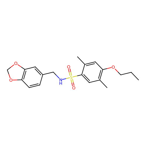 N-(1,3-benzodioxol-5-ylmethyl)-2,5-dimethyl-4-propoxybenzenesulfonamide structure