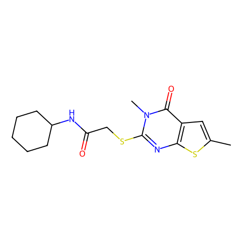 N-cyclohexyl-2-(3,6-dimethyl-4-oxothieno[2,3-d]pyrimidin-2-yl)sulfanylacetamide structure