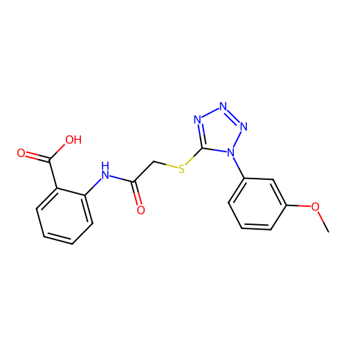 2-(2-((1-(3-methoxyphenyl)-1H-tetrazol-5-yl)thio)acetamido)benzoic acid structure