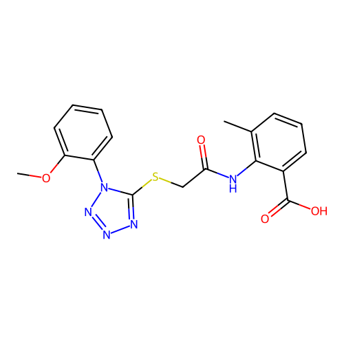 2-(2-((1-(2-methoxyphenyl)-1H-tetrazol-5-yl)thio)acetamido)-3-methylbenzoic acid structure