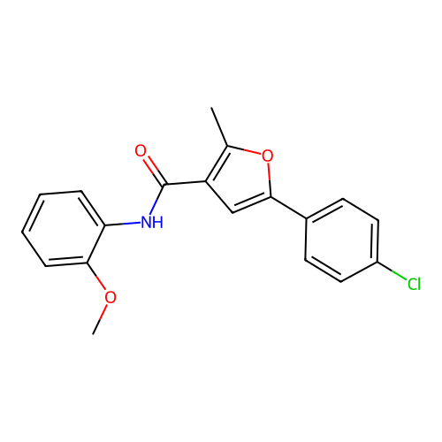 5-(4-chlorophenyl)-N-(2-methoxyphenyl)-2-methylfuran-3-carboxamide structure