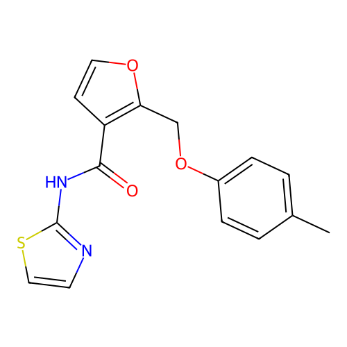 2-[(4-methylphenoxy)methyl]-N-(1,3-thiazol-2-yl)furan-3-carboxamide structure