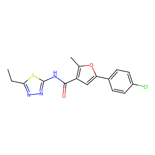 5-(4-chlorophenyl)-N-(5-ethyl-1,3,4-thiadiazol-2-yl)-2-methylfuran-3-carboxamide structure