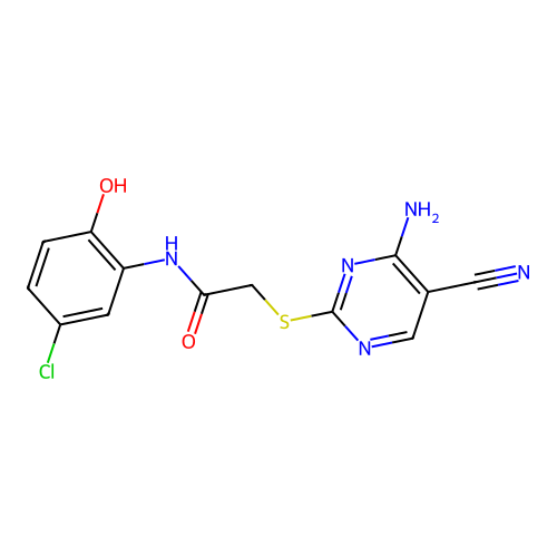 2-((4-amino-5-cyanopyrimidin-2-yl)thio)-N-(5-chloro-2-hydroxyphenyl)acetamide structure