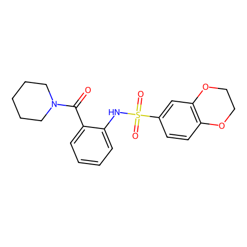 N-[2-(piperidine-1-carbonyl)phenyl]-2,3-dihydro-1,4-benzodioxine-6-sulfonamide structure