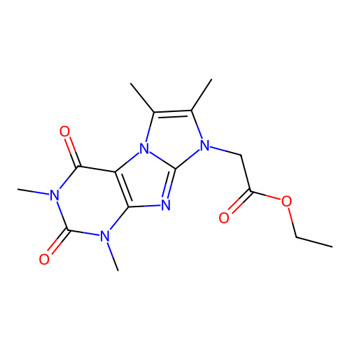 Ethyl 2-(2,4,7,8-tetramethyl-1,3-dioxopurino[7,8-a]imidazol-6-yl)acetate structure