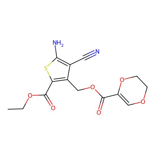 (5-amino-4-cyano-2-ethoxycarbonylthiophen-3-yl)methyl 2,3-dihydro-1,4-dioxine-5-carboxylate structure