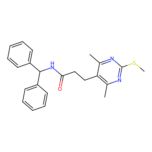 N-benzhydryl-3-(4,6-dimethyl-2-methylsulfanylpyrimidin-5-yl)propanamide structure