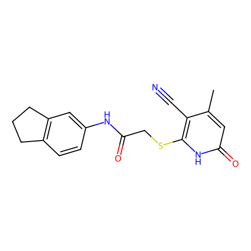 2-[(3-cyano-4-methyl-6-oxo-1H-pyridin-2-yl)sulfanyl]-N-(2,3-dihydro-1H-inden-5-yl)acetamide structure