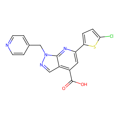 6-(5-chlorothiophen-2-yl)-1-[(pyridin-4-yl)methyl]-1H-pyrazolo[3,4-b]pyridine-4-carboxylic acid structure