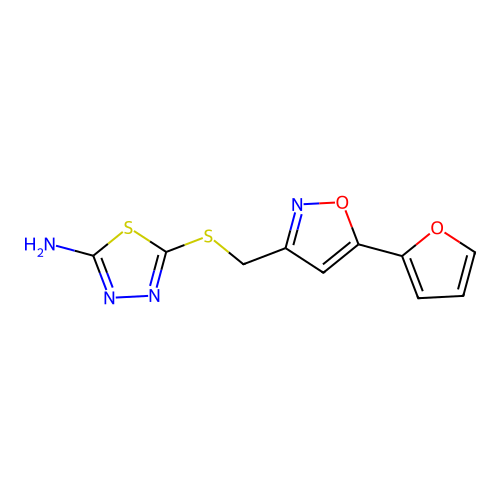 5-(((5-(Furan-2-yl)isoxazol-3-yl)methyl)thio)-1,3,4-thiadiazol-2-amine structure