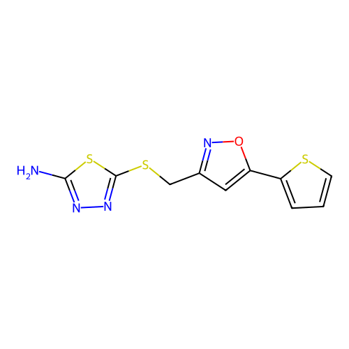 5-(((5-(Thiophen-2-yl)isoxazol-3-yl)methyl)thio)-1,3,4-thiadiazol-2-amine structure