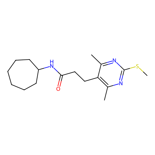 N-cycloheptyl-3-(4,6-dimethyl-2-methylsulfanylpyrimidin-5-yl)propanamide structure