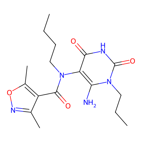 N-(6-amino-2,4-dioxo-1-propylpyrimidin-5-yl)-N-butyl-3,5-dimethyl-1,2-oxazole-4-carboxamide structure