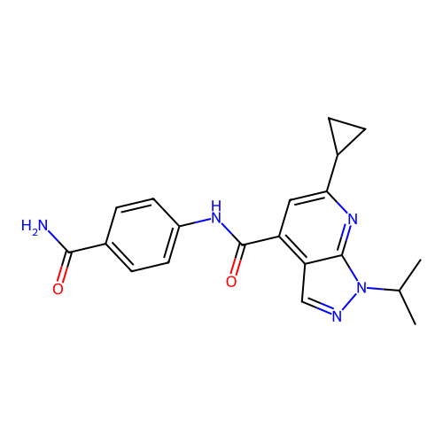 N-(4-carbamoylphenyl)-6-cyclopropyl-1-(propan-2-yl)-1H-pyrazolo[3,4-b]pyridine-4-carboxamide structure