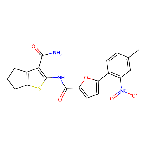 N-(3-carbamoyl-5,6-dihydro-4H-cyclopenta[b]thiophen-2-yl)-5-(4-methyl-2-nitrophenyl)furan-2-carboxamide structure