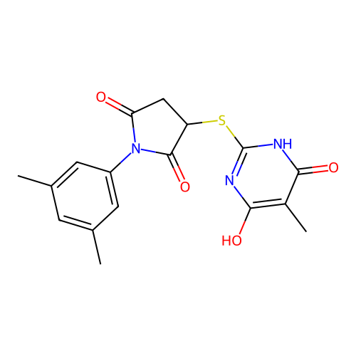 3-[(4,6-dihydroxy-5-methylpyrimidin-2-yl)sulfanyl]-1-(3,5-dimethylphenyl)pyrrolidine-2,5-dione structure