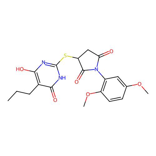 3-[(4,6-dihydroxy-5-propylpyrimidin-2-yl)sulfanyl]-1-(2,5-dimethoxyphenyl)pyrrolidine-2,5-dione structure
