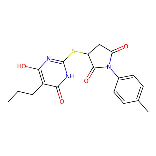 3-[(4,6-dihydroxy-5-propylpyrimidin-2-yl)sulfanyl]-1-(4-methylphenyl)pyrrolidine-2,5-dione structure