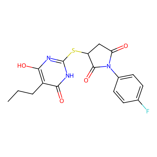 3-[(4,6-dihydroxy-5-propylpyrimidin-2-yl)sulfanyl]-1-(4-fluorophenyl)pyrrolidine-2,5-dione structure